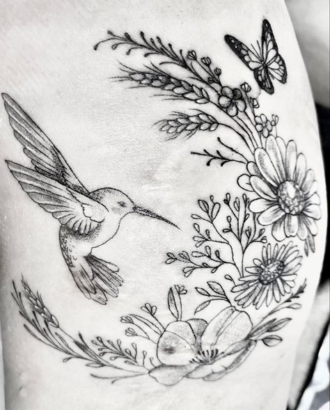 Butterflies And Hummingbirds Tattoo, Hummingbird Tattoo Thigh, Butterfly Hummingbird Tattoo, Butterfly And Hummingbird Tattoo, Hummingbird And Butterfly Tattoo, Hummingbird Tattoo With Flowers, Chickadee Tattoo, Butterfly With Flowers Tattoo, Bird Tattoos