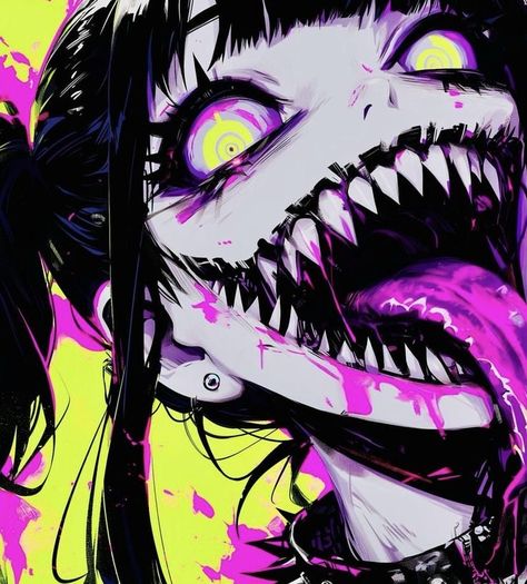 Crazed Expression Drawing, Deranged Aesthetic, Creepy Pfps, Neon Pfp, 다크 판타��지, Dark Art Illustrations, Wow Art, Scary Art, Creepy Art