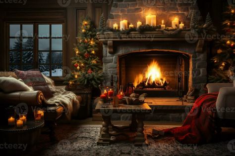 Bed On The Floor, Cabin Christmas Decor, Christmas Tree And Fireplace, Cozy Christmas Living Room, Cabin Living Room, Log Burning Stoves, Christmas Living Room, Cabin Christmas, Christmas Carols