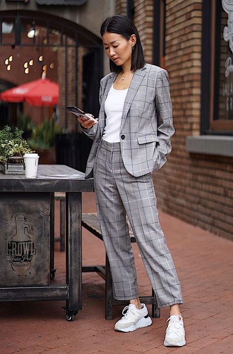 SUITED | UP - DailyKongfidence Sneakers Suits Women, Modern Women Suits, Formal With Sneakers, Formal Outfit With Sneakers, Woman Suit Fashion Modern, Suits For Women Over 50, Suit With Sneakers, Power Suits For Women, Dior Montaigne