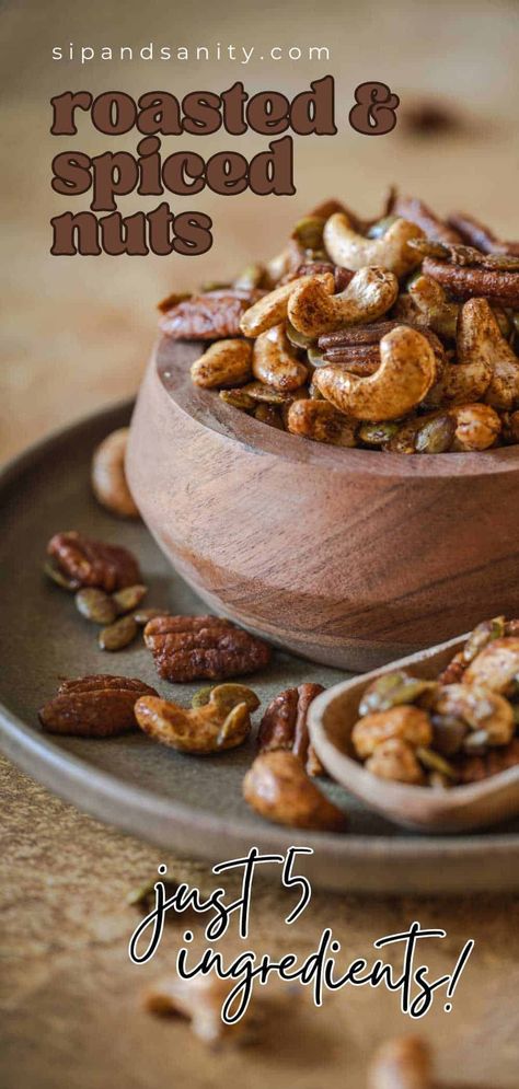 Craving a sweet, salty, and spicy snack? This easy 5-ingredient spiced nuts recipe is a must-try! Perfect for salads, charcuterie, and more. Curried Nuts Recipe, Spiced Nuts Recipe, Spicy Nuts, Snack Mixes, Nut Snacks, Candy Recipe, Snack Mix Recipes, Nut Recipes, Roasted Nuts