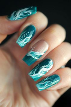 Blue And Teal Nail Designs, Ocean Green Nails, Teal Nails Design Ideas, Green Ocean Nails, Ocean Waves Nail Art, Teal Beach Nails, Nail Art Waves, Nail Designs Ocean, Ocean Nails Designs