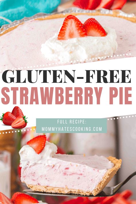 Make a delicious and cold treat with this Gluten-Free Frozen Strawberry Pie, perfect for the summer months and no-bake too! Gluten Free Pie Recipes, Frozen Strawberry Pie, Strawberry Yogurt Pie, Gluten Free Pies Recipes, Frozen Strawberry Recipes, Yogurt Pie, Fresh Strawberry Pie, Frozen Strawberry, Gluten Free Pie