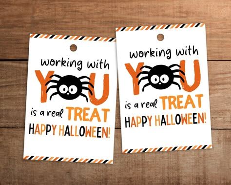 Instant download Halloween gift tag/ Party favor tag/ Cookie tag for coworker, boss, employee, and staff. Working with you is a real treat. PLEASE NOTE * This listing is a digital download * This is NOT editable but let me know if you would like any adjustments * No physical item will be shipped to you * There may be slight color variations due to your monitor display, printing device, print paper, and ink used WHAT YOU WILL RECEIVE * 1 high-resolution PDF with 9 gift tags per 8.5x11 page HOW TO Co Worker Halloween Gift Ideas, Halloween Diy Gifts For Coworkers, Halloween Client Appreciation Gifts, Halloween Staff Gifts, Halloween Gifts For Staff, Halloween Gift For Coworkers, Employee Halloween Gift Ideas, Halloween Employee Appreciation Ideas, Halloween Employee Engagement