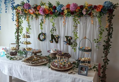 Fairy First Birthday Backdrop Ideas, Indoor Garden Theme Party, Wild One Wildflower Birthday, Cottage Core Birthday Party, Fairy First Birthday Party Ideas, Fairy Birthday Themes, Fairy Theme Birthday Party, Wildflower Birthday Party, Fall 1st Birthdays