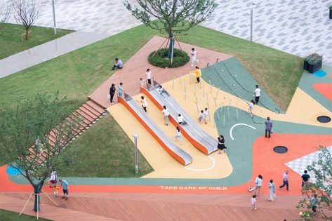 Urban Playground Landscape Architecture, Slide On A Hill, Children Play Area Design, Playground Design Landscape, Kids Playground Ideas, Playground Design Plan, Playground Architecture, City Parks Design, Children Play Area