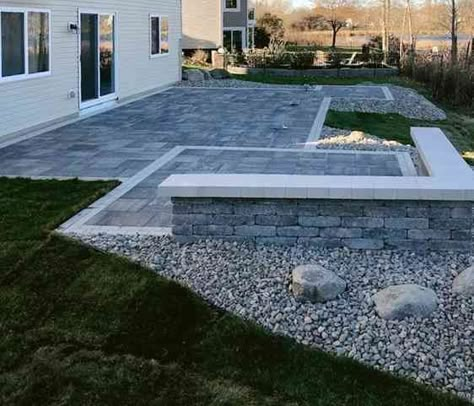 Paver Patios And Walkways, Paver Patio With Hot Tub, Front Paver Patio Ideas, Patio With Stone Border, Easy Patio Paver Ideas, Stone And Concrete Patio, Stone Around Patio, Grey Pavers Patio Backyards, Farmhouse Paver Patio