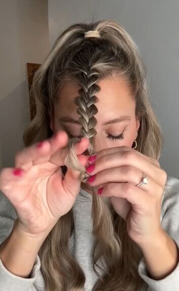 This is a guide on an easy faux Dutch braid. Learn a cute new hairstyle in this quick tutorial. Cute Hairstyles Dutch Braid, Fake French Braid Hairstyles, Braided Hair For Sports, Cheerleader Half Up Half Down Hair, Cheer Photo Hairstyles, 2 Braids To Ponytail, Easy Gymnastics Hair, Youth Cheer Hairstyles, Braids For Basketball