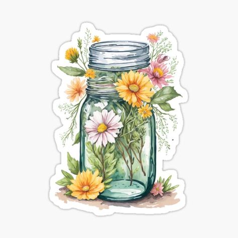 Watercolors Mason jar flowers Sticker Mason Jar With Flowers, Jar With Flowers, Stickers Simple, Jar Flowers, Mason Jar Flowers, Mini Jars, Simple Stories, Mason Jar, Funny Stickers