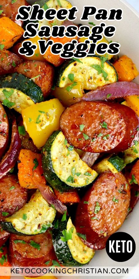 Smoky kielbasa and a savory medley of juicy roasted veggies tossed with spices and herbs makes this Sheet Pan Sausage and Veggies the ideal answer for a busy weeknight dinner. Kielbasa Veggie Sheet Pan Dinner, Meal Prep Keilbasa, Keto Sheet Pan Sausage And Veggies, Roasted Smoked Sausage And Veggies, Kielbasa And Brussel Sprouts, Healthy Kielbasa Recipes Dinners, Kielbasa Recipes Keto, Sausage Bake One Pan, Sausage Meals Healthy