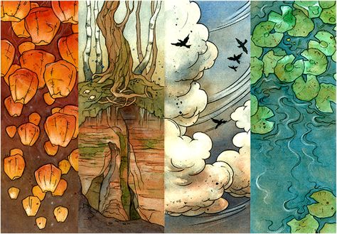 4 Seasons Art Artworks, 5 Elements Of Nature Illustration, 4 Elements Art, Wicca Elements, Four Elements Art, Japan Seasons, 5 Elements Of Nature, Four Seasons Painting, Elements Drawing