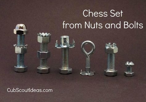 Webelos chess set from nuts and bolts Diy Chess Set, Cub Scout Crafts, Cub Scout Activities, Scout Activities, Nuts & Bolts, Scout Ideas, Scouts Crafts, Cub Scout, Cub Scouts