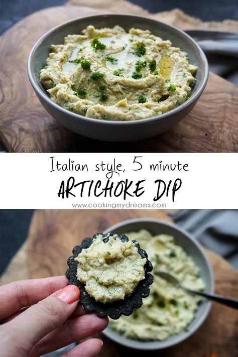 This 5 minute recipe for Italian style Artichoke Dip is a perfect quick and easy crowd-pleaser. With just a few staple pantry ingredients and artichoke hearts, you can whip up a snack, appetizer, or as we do in Italy, a nice Aperitivo. Cold Artichoke Dip, Canned Artichoke Recipes, Italian Artichoke, Best Artichoke Recipe, Artichoke Appetizer, Artichoke Heart Recipes, Italian Appetizers Easy, 5 Minute Recipe, Italian Antipasto