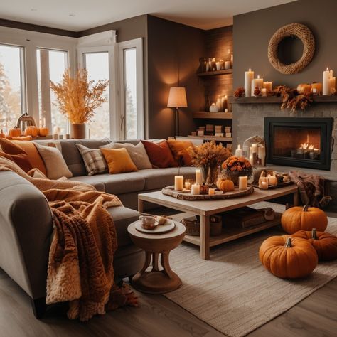 Living Room Sectional And Fireplace, Small Fall Living Room, Fall Color Decor Living Rooms, Brown Living Room Furniture Decor Ideas, Fall Color Palette Living Room, Living Room Designs Orange, Fall Themed Living Room, Orange And Cream Living Room, Autumnal Living Room