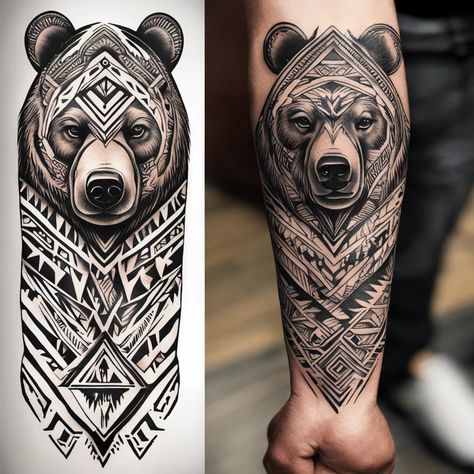 98 Bear Tattoo Ideas Created With AI | artAIstry Scroll Work Tattoo Designs, Maori Bear Tattoo, Bear Forearm Tattoo, Nordic Bear Tattoo, Mens Bear Tattoo Arm, Celtic Bear Tattoo For Men, Warrior Bear Tattoo, Bear Tattoos For Men, Celtic Bear Design