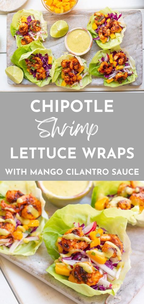 looking for a healthy easy summer dinner? These healthy Shrimp Lettuce Wraps are filled with sweet and spicy honey chipotle shrimp and are served with creamy mango cilantro lime sauce. These flavor-packed Shrimp tacos make the perfect handheld appetizer, game day snack or low-carb lunch or dinner! Honey Chipotle Shrimp, Cilantro Shrimp, Shrimp Lettuce Wraps, Lettuce Wraps Healthy, Chipotle Shrimp, Shrimp Taco, Easy Summer Dinner, Cilantro Lime Sauce, Honey Chipotle