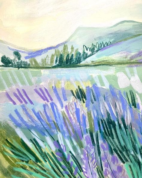 Oil Pastel Art Green, Caran Dache Neocolor Ii, Nature Drawing Pastel, Neocolor Ii Art, Flower Field Illustration, Purple Sketch, Carandache Luminance, Lavender Illustration, Doodles Flowers