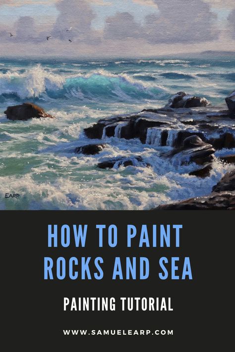 Painting Rocks In Acrylic, How To Paint The Sea, How To Paint Sea, Sea Scapes Paintings, Sea Coast Painting, Sea Shore Painting, Oil Painting Rocks Tutorial, Sea Painting Acrylic, Ocean Painting Oil Paint