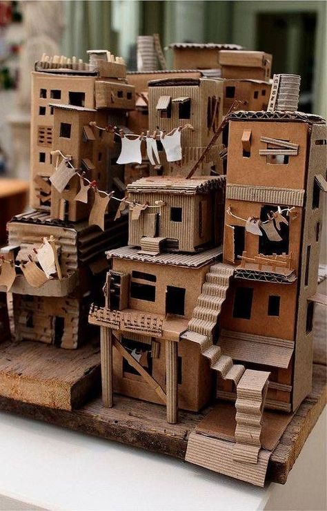 Cardboard Apartment Building, A Level Art Sculpture, Cardboard Project Ideas, Cardboard Box Houses Diy, House From Cardboard, Cardboard Models, Cardboard Box Houses, House Sculpture, Cardboard Model