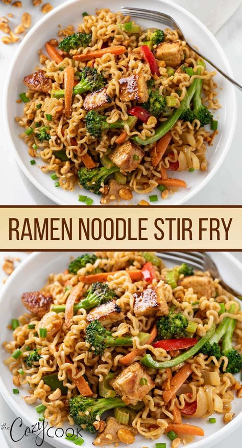 This Ramen Noodle Stir Fry is an easy weekday meal with chicken, vegetables, and the best peanut sauce! It's budget friendly and makes a great last minute dinner idea. Ramen Noodles With Vegetables, Healthy Ramen Stir Fry, Ramen Stir Fry Vegetarian, Rice Ramen Noodle Recipes Chicken, Ramen Noodle Bowls Chicken, Ramen With Vegetables, Trader Joe’s Stir Fry, Ramen Stir Fry Sauce, Shrimp Ramen Stir Fry