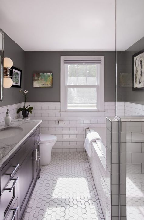 Bathroom Half Tile, Long Bathroom Layout, Half Tiled Bathroom, Narrow Bathroom Remodel, Guest Bathroom Makeover, Bathroom Layouts, Gray Bathroom, Bad Inspiration, Bathroom Remodel Shower