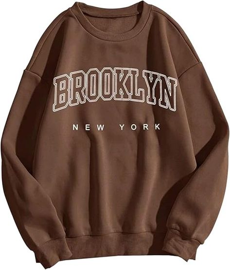 MISSACTIVER Women Casual Brooklyn New York Letter Graphic Sweatshirt Crewneck Drop Shoulder Fleece Pullover Shirt Tops(Medium,Brown) at Amazon Women’s Clothing store Brooklyn Shirt, New York Sweatshirt, Brown Sweatshirt, Stylish Hoodies, Classy Casual Outfits, Sweatshirt Outfit, Sweatshirt Crewneck, Sweater Brands, Brooklyn New York