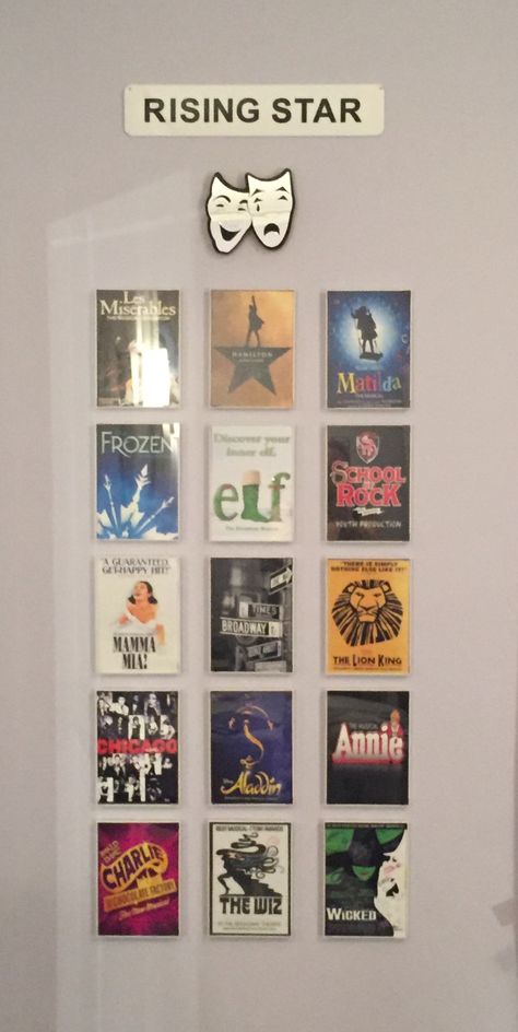 Broadway Aesthetic Room, Broadway Themed Bedroom Ideas, Musical Theater Bedroom Ideas, Broadway Posters Decor, Theatre Bedroom Ideas, Musical Theater Room Decor, Broadway Inspired Bedroom, Musical Theatre Room Decor, Movie Bedroom Decor