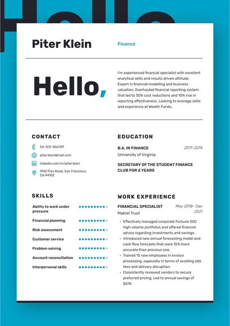 What does it take to build a successful career in the finance sector? Apart from education, skills, and qualification, to land a job you also need a job-winning resume for finance positions. A well-written finance professional resume can help you get more interviews and finally get hired. And we are here to show you how to create a flawless finance resume example! Finance Resume Examples, Finance Resume, Linkedin Content, Linkedin Optimization, Resume Building, Student Finance, Business Valuation, Finance Career, Finance Jobs