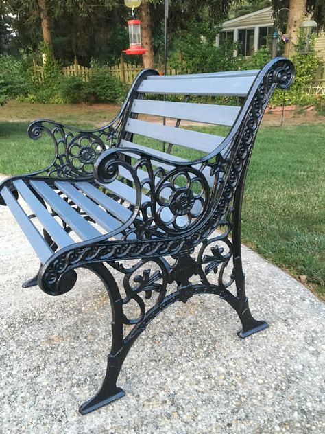 Old cast iron bench refurbished into a chair. Cast Iron Chairs, Park Bench Ideas, Fireplace Heaters, Cast Iron Garden Furniture, Victorian Benches, Cottage Garden Plan, Outside Benches, Cast Iron Garden Bench, Wrought Iron Bench