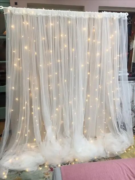 Blue And White Backdrop Birthday Parties, Sheer Curtain Photo Backdrop, Balloon Decorations With Lights, Silver And White Prom Decorations, Tablecloth Photo Backdrop, Cloud 9 Photo Backdrop, Backdrop With Lights And Balloons, Blue And Silver Prom Decorations, 18th Birthday Photo Backdrop