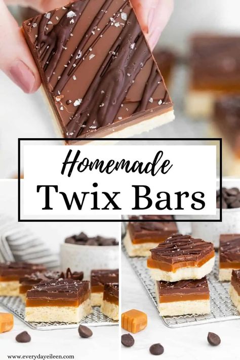 Enjoy homemade Twix Bars, aka Millionaire Bars with a buttery shortbread crust with a rich creamy caramel center and a chocolate topping. The bars are easy to prepare and always a hit. A great addition to any Holiday dessert table, family party, pot luck recipe. via @/everydayeileen/ Homemade Cookie Bars, Dessert List, Millionaire Bars, Homemade Twix Bars, Holiday Dessert Table, Candy Bar Recipe, Twix Bars, Easy Brownie, Chocolate And Vanilla Cake