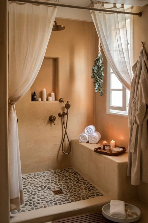 Spa-like shower space with candles and natural stone accents. Spa Massage Room Design, At Home Spa Room, Day Spa Interiors, Spa Massage Room, Massage Room Design, Massage Therapy Rooms, Home Spa Room, Space Saving Desk, Spa Rooms