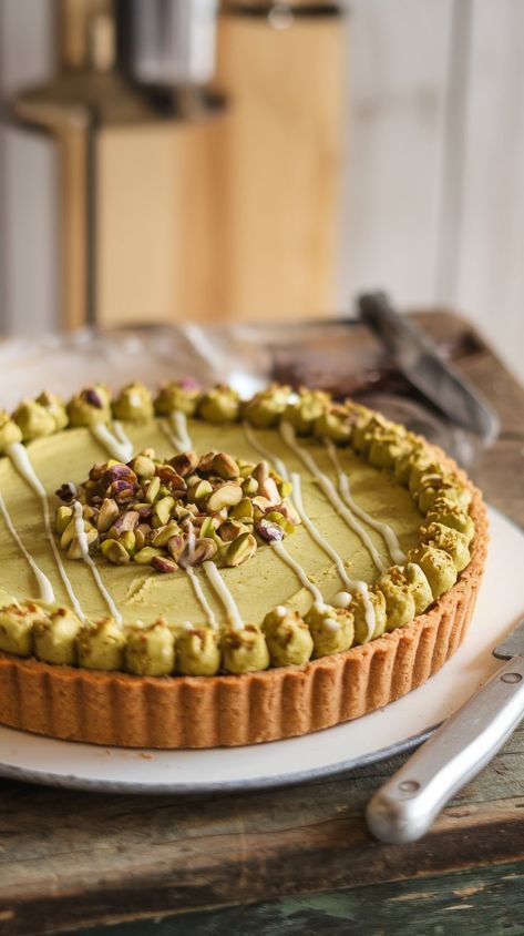 Indulge in this irresistible pistachio tart with creamy pistachio frangipane and a delightful pastry crust. A stunning vegan dessert that will impress everyone! Pistachio Petit Four, Pistachio Cannoli Filling, Best Pistachio Dessert, Pistachio Frangipane Tart, Recipes With Pistachio Paste, White Chocolate Pistachio Cheesecake, Pistachio Creme Recipes, Pistachio Puff Pastry Dessert, Homemade Pistachio Cream