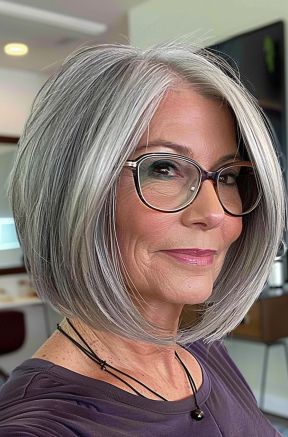 Grey Chin Length Bob, Medium Length Haircut Grey Hair, Gray Stacked Bob Haircut, Long Bob Grey Hair, Chin Length Gray Hair, Salt And Pepper Bob Haircut, Grey Layered Bob, Grey Hair Bob Older Women, Salt And Pepper Hair Over 50