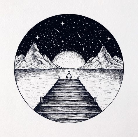 #sea #lonely #starsky #space #mountains  #designinspiration #handdrawing #stippling #dotwork # Sky Tattoos, Shrink Plastic Jewelry, Sea Tattoo, Circle Tattoo, Circle Tattoos, Ink Drawings, Tree Tattoo, Stippling, Star Sky