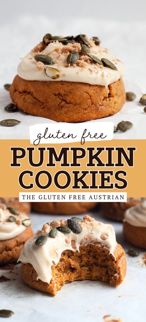 Pumpkin Oat Flour Cookies, Cookies With Brown Sugar, Brown Sugar Cream Cheese Frosting, Oat Flour Cookies, Pumpkin Cookies With Cream Cheese, Gluten Free Pumpkin Cookies, Gluten Free Fall Recipes, Cookies With Cream Cheese Frosting, Gluten Free Cake Mixes