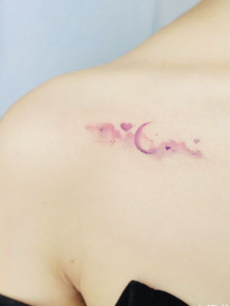 Tiny Purple Tattoo, Pink Purple Tattoo, Beautiful Dark Tattoos, Cloudy Moon Tattoo, Colorful Moon Tattoo, Cloudy Tattoos, Small Purple Tattoo, Pink And Purple Tattoo, Purple Moon Tattoo