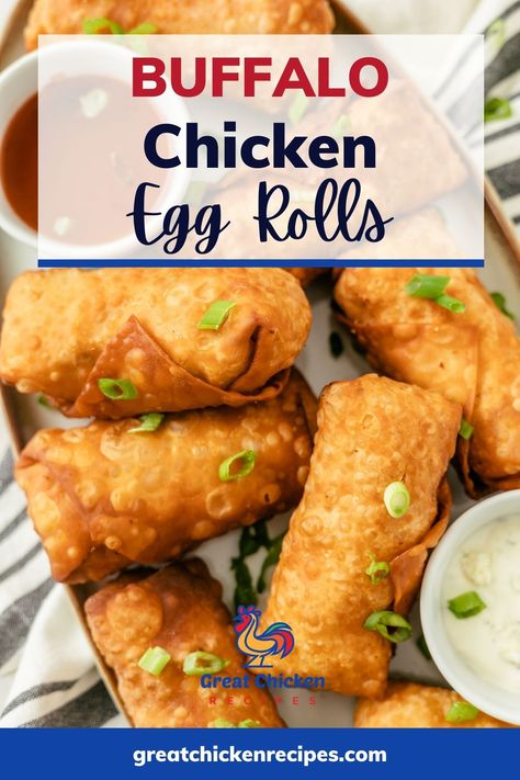 These Buffalo Chicken Egg Rolls are crispy on the outside, but filled with my creamy buffalo chicken dip. Make in an air fryer, oven, or deep fryer. #appetizer #chicken #chickenrecipes #recipes #partyfood Buffalo Chicken Dip Egg Rolls Air Fryer, Buffalo Chicken Egg Rolls Baked, Buffalo Chicken Egg Rolls Air Fryer, Buffalo Chicken Eggrolls, Creamy Buffalo Chicken Dip, Appetizer Chicken, Buffalo Chicken Egg Rolls, Creamy Buffalo Chicken, Chicken Finger