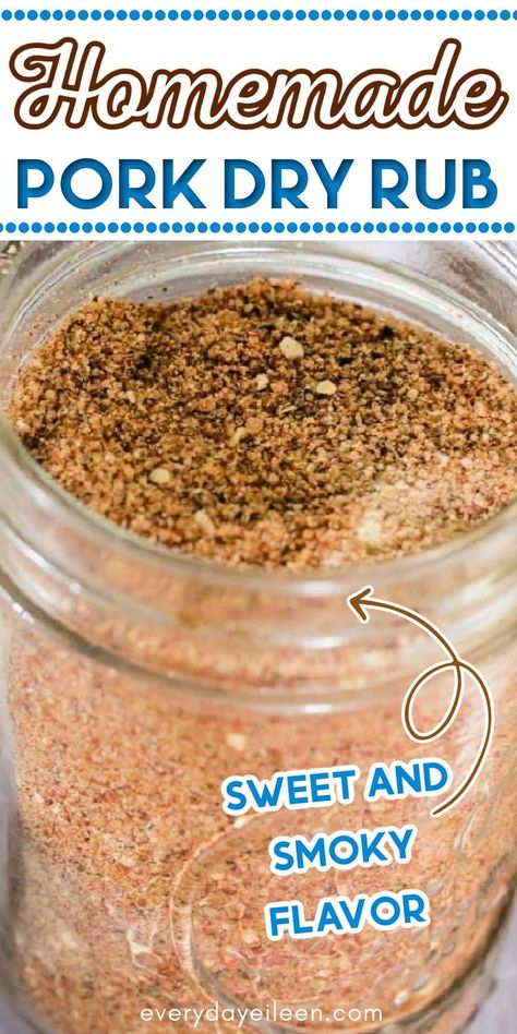 Mason jar with a pork dry rub with a sweet and smoky flavor with Pinterest overlay. Barbecue Rubs For Pork, Pork And Poultry Rub Recipe, Dry Pork Rub Recipes, Pork Steak Seasoning Dry Rubs, Carolina Pork Rub, Pork Dry Rub Recipe Seasoning Mixes, Pork Tenderloin Dry Rub Recipes, Pulled Pork Smoker Recipes Dry Rubs, Dry Rub For Pork Roast