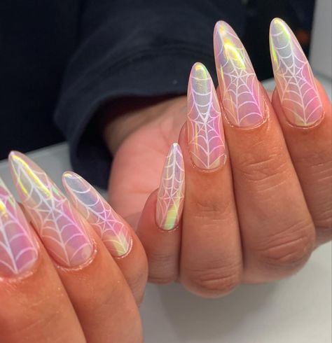 Unicorn chrome spiderweb halloween spooky long nails nail art Halloween Summer Nails, Summer Halloween Nails, Spooky Summer Nails, Halloween Nails 2024, Summerween Nails, Summer Goth Nails, Girly Halloween Nails, Pastel Goth Nails, Simple Halloween Nails