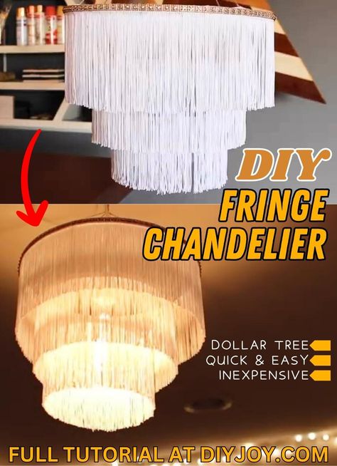 Diy Fringe Lampshade, Diy Fringe Chandelier, Diy Crystal Chandelier, Diy Chandelier Ideas, Diy Fringe, Fringe Chandelier, Chandelier Diy, Thrifty Diy, Lampshade Chandelier