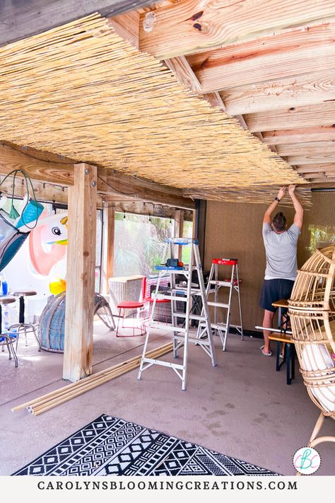 Reed Ceiling Outdoor Spaces, Reed Ceiling Interior Design, Reed Fencing Ceiling, Boho Ceiling Ideas, Bamboo Ceiling Design, Gazebo Ceiling Ideas, Reed Fencing Ideas, Ugly Fence Cover Up, Outdoor Ceiling Ideas