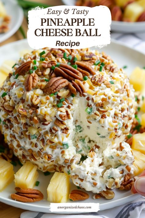 This delightful Pineapple Cheese Ball, made with green bell pepper, crushed pineapple, cream cheese, and pecans, is a sweet and salty treat that's always a welcomed appetizer. This Pineapple Cheese Ball is always a party favorite! Combining crushed pineapple with cream cheese, green pepper, shallot, and chopped pecans creates a unique and delightful blend of Cream Cheese Pineapple Spread, Cream Cheese And Pineapple Cheese Ball, Cheese Ball Pineapple Green Pepper, Pineapple Bacon Cheese Ball, Cream Cheese And Pineapple Dip, Pineapple Balls Cream Cheeses, Party Favorites Appetizers, Cream Cheeseball Recipes, Cheese Ball With Pineapple And Pecans