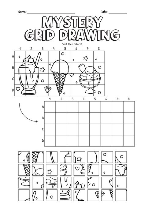 Mystery Grid Drawing Worksheet Free, Drawing Worksheets For Kids, Mystery Grid Drawing, Grid Drawing Worksheet, Mystery Drawing, Finish The Drawing, Art Worksheets Printables, Drawing Worksheet, Drawing Worksheets