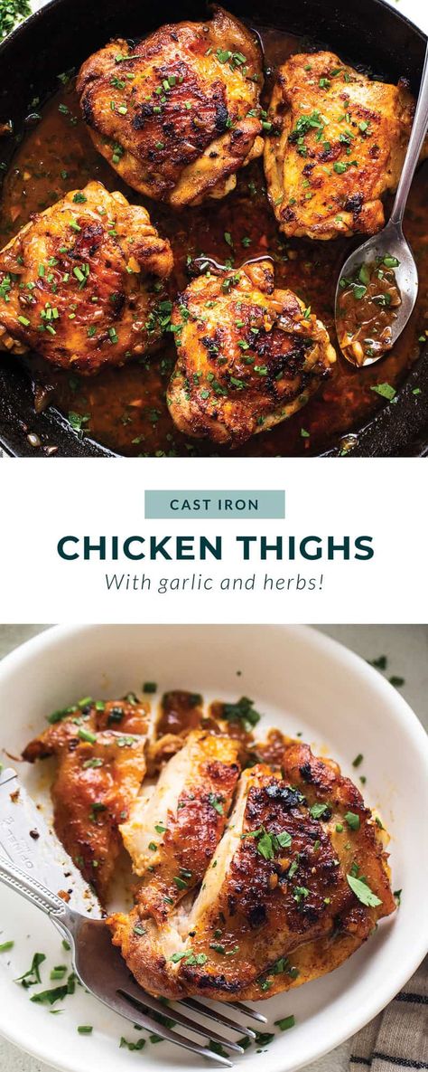 Crispy Cast Iron Chicken Thighs - Fit Foodie Finds Chicken Cast Iron Recipes, Cast Iron Chicken Thighs, Breaded Chicken Thighs, Cast Iron Chicken, Crispy Chicken Thighs, Delicious Chicken Dinners, Fit Foodie Finds, Roasted Chicken Thighs, Fit Foodie