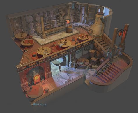 Tavern environment design , Cameron Slade on ArtStation at https://www.artstation.com/artwork/3qGkBm Tavern Design Concept Art, Tavern Blueprint, Modern Tavern Design, Tavern Concept Art, Tavern Design, Isometric Character, Tavern Interior, Prop Concept, Medieval Tavern