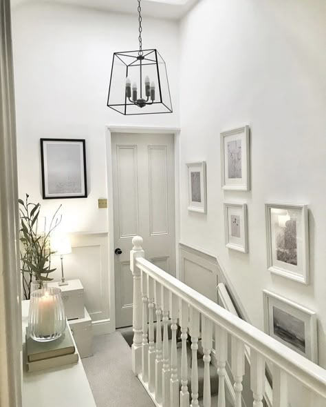 11 Grey Hallway Ideas For A Bright & Light Space 12 Country Style Hallway Ideas, French Hallway Ideas, White And Grey Staircase, Scandi Hallway Ideas, Light Hallway Ideas, Hallway Lights Ceiling, Hallway Ceiling Lights Ideas, Large Landing Ideas Upstairs, Landing Decor Upstairs