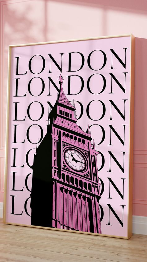 Preppy London, Cuadros Living, Travel Exhibition, Bedroom Paintings, Pink London, London Drawing, London Wallpaper, London Art Print, London Poster