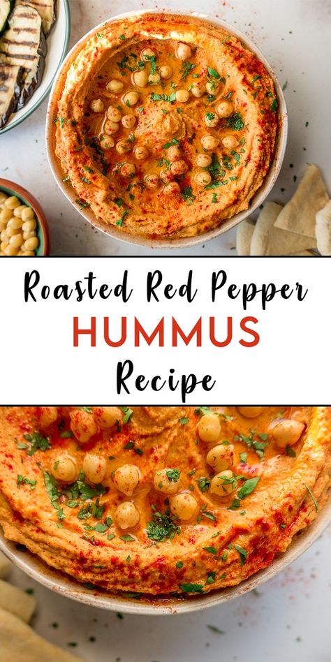 Roasted Red Pepper Hummus Recipe, Red Pepper Hummus Recipe, Best Hummus Recipe, Hummus Recipe Homemade, Pepper Hummus, Roasted Red Pepper Hummus, Red Pepper Hummus, Roasted Red Pepper, Food Style