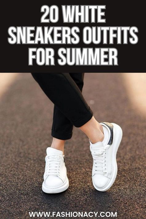 White Sneakers Outfit For Summer, Women Sneakers With Shorts Women, Sneakers With Shorts Outfit, White Runners Outfit Casual, White Sneaker Summer Outfit, White Gym Shoes Outfits, Summer Outfits White Sneakers, Black Pants White Sneakers Outfit, What To Wear With White Sneakers, Outfits With White Tennis Shoes